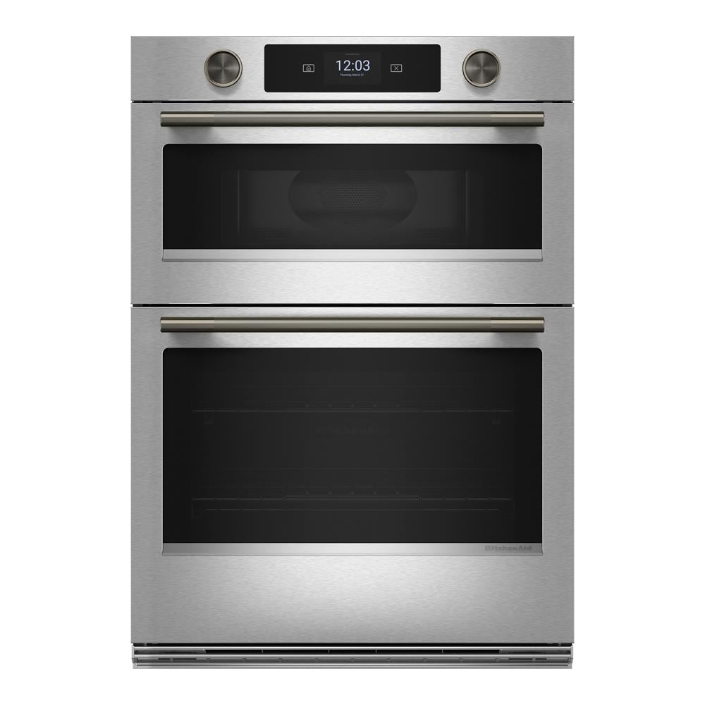 Front view of a stainless steel 30-inch smart electric combo wall oven with dual control knobs and digital display, part of Wall Oven and Microwave Combos, Wall Ovens, Kitchen & Kitchenware, KitchenAid, and Appliances collections for home improvement.