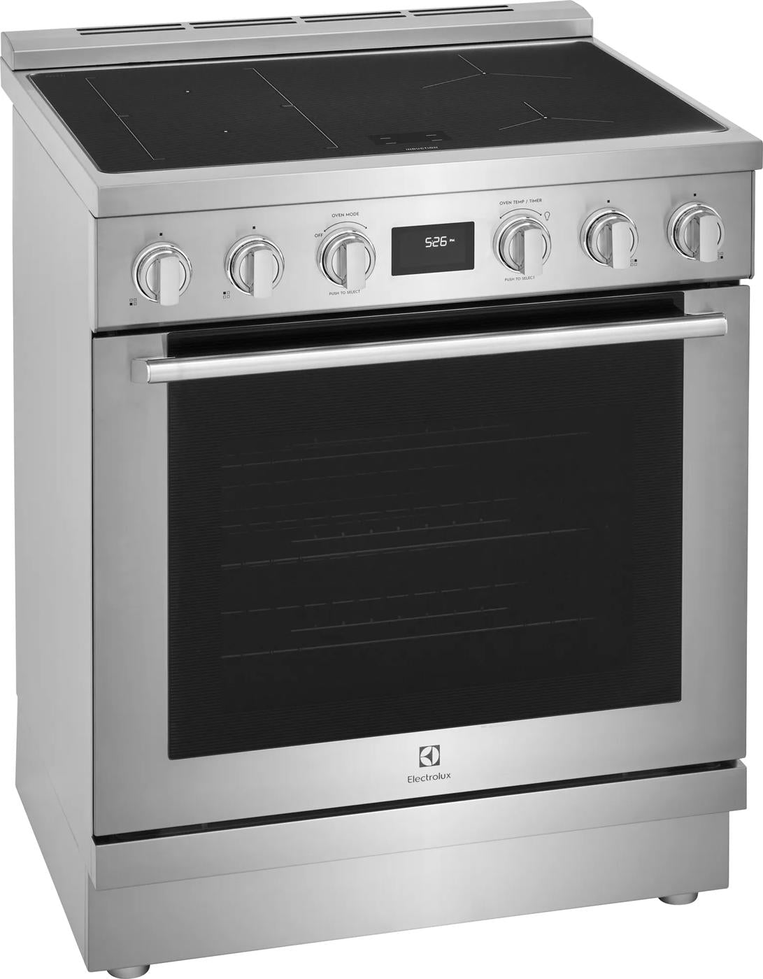 Front view of stainless steel 30" induction freestanding range with digital display and control knobs in kitchen appliances collection