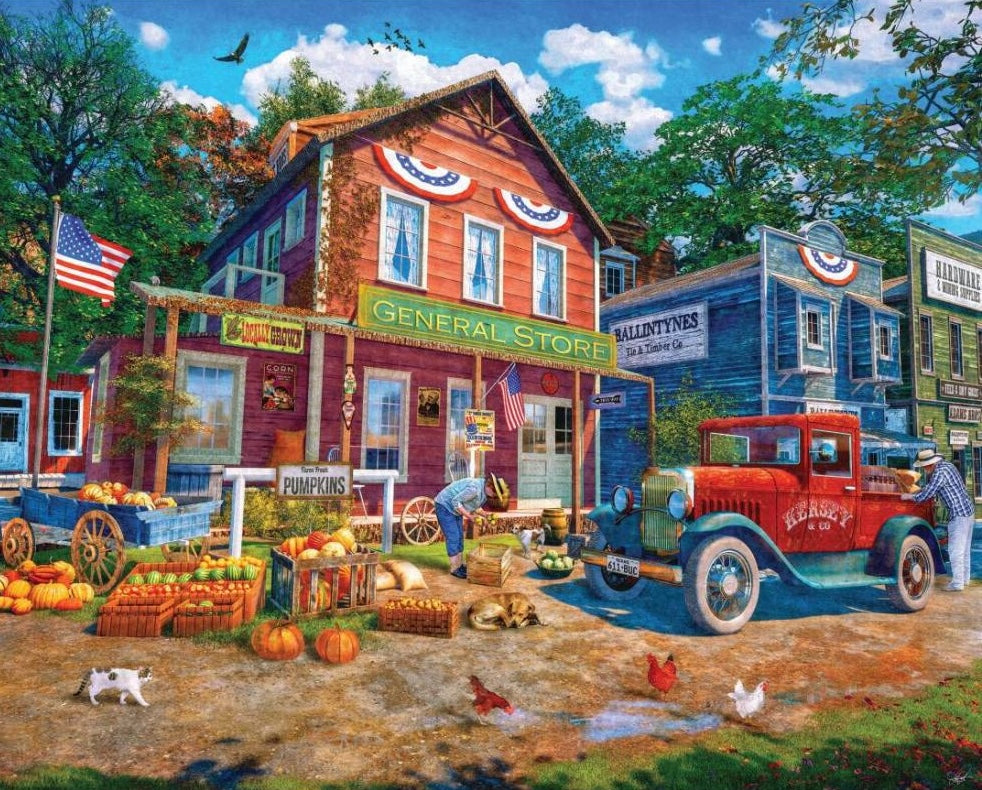 Autumn village scene with pumpkins, vintage truck, and general store for puzzles under $50 in toys and games collection