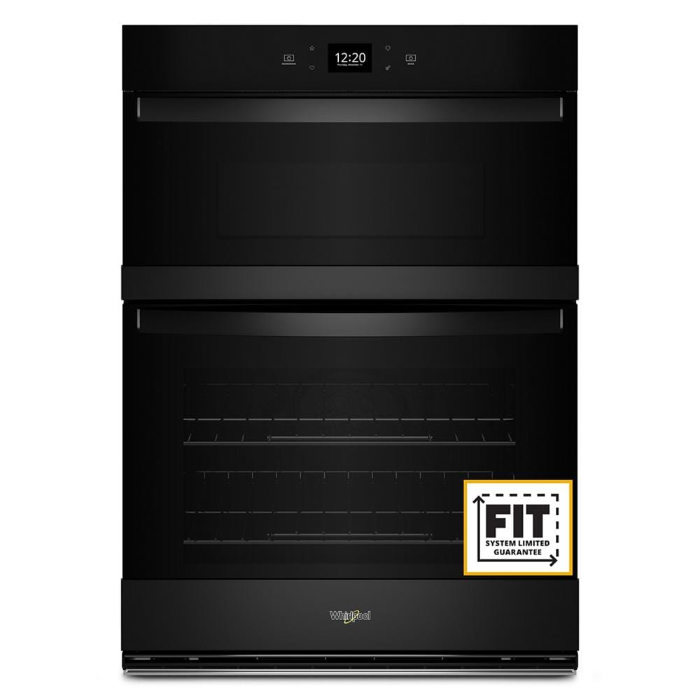 Black smart combo wall oven with digital display and dual compartments for cooking and air frying in home improvement