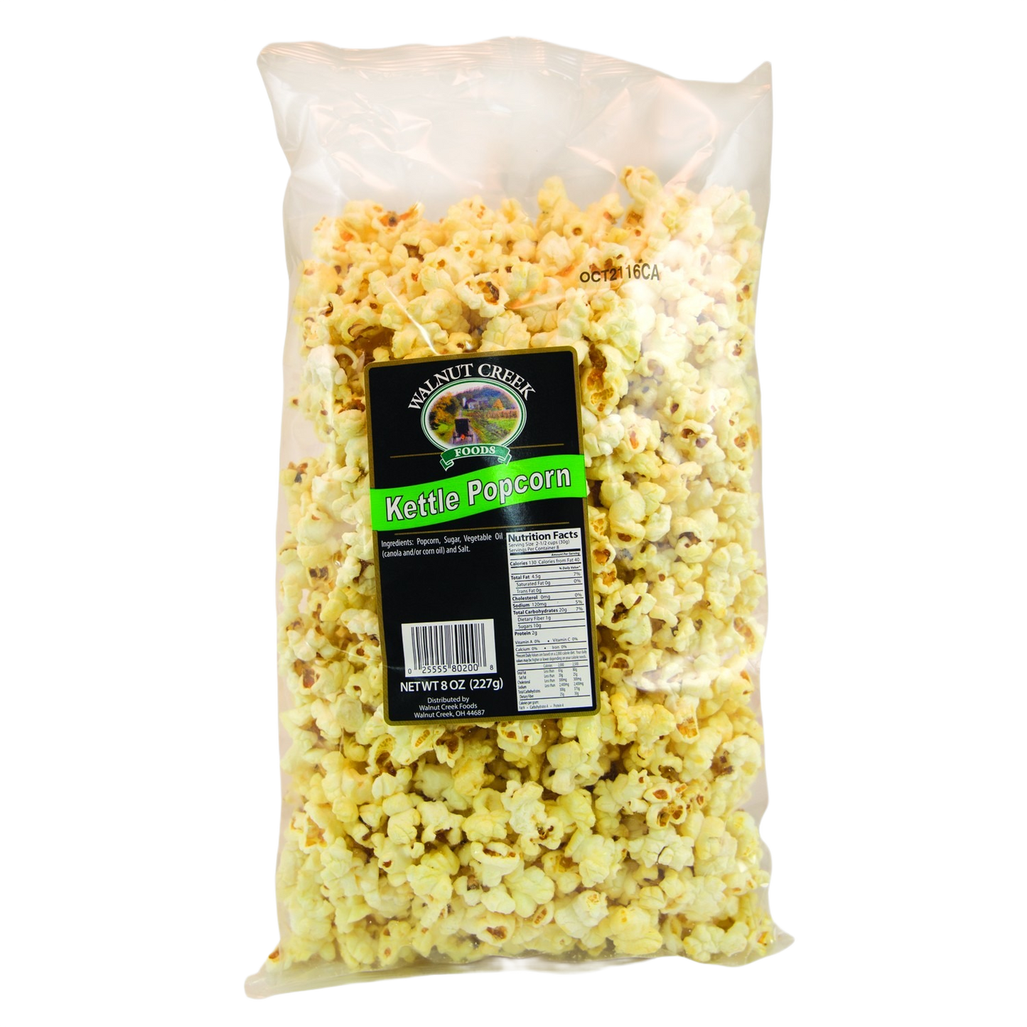 Clear plastic bag of kettle popcorn with black and green label in Chips & Snacks under $50 collection
