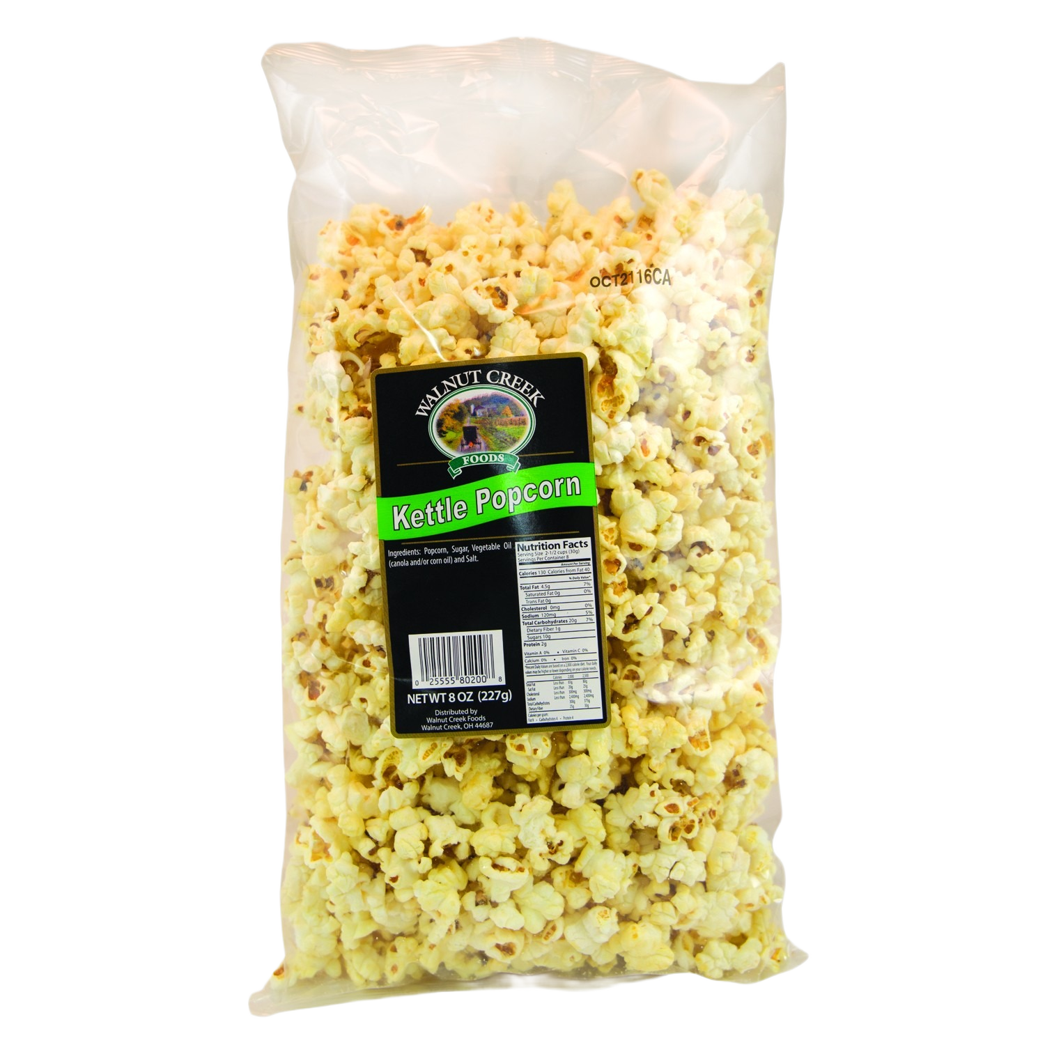 Clear plastic bag of kettle popcorn with black and green label in Chips & Snacks under $50 collection