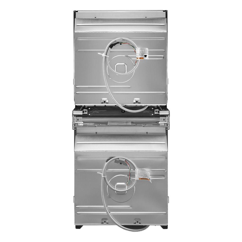 Rear view of stainless steel double oven housing with connected wiring from KitchenAid appliances collection