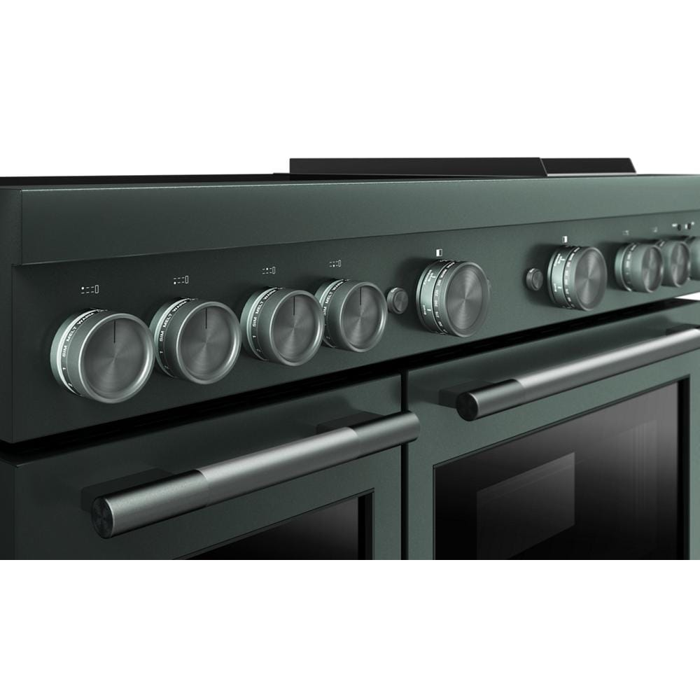 Close-up of dark green commercial-style range with six metal control knobs and dual oven handles in kitchen appliances collection