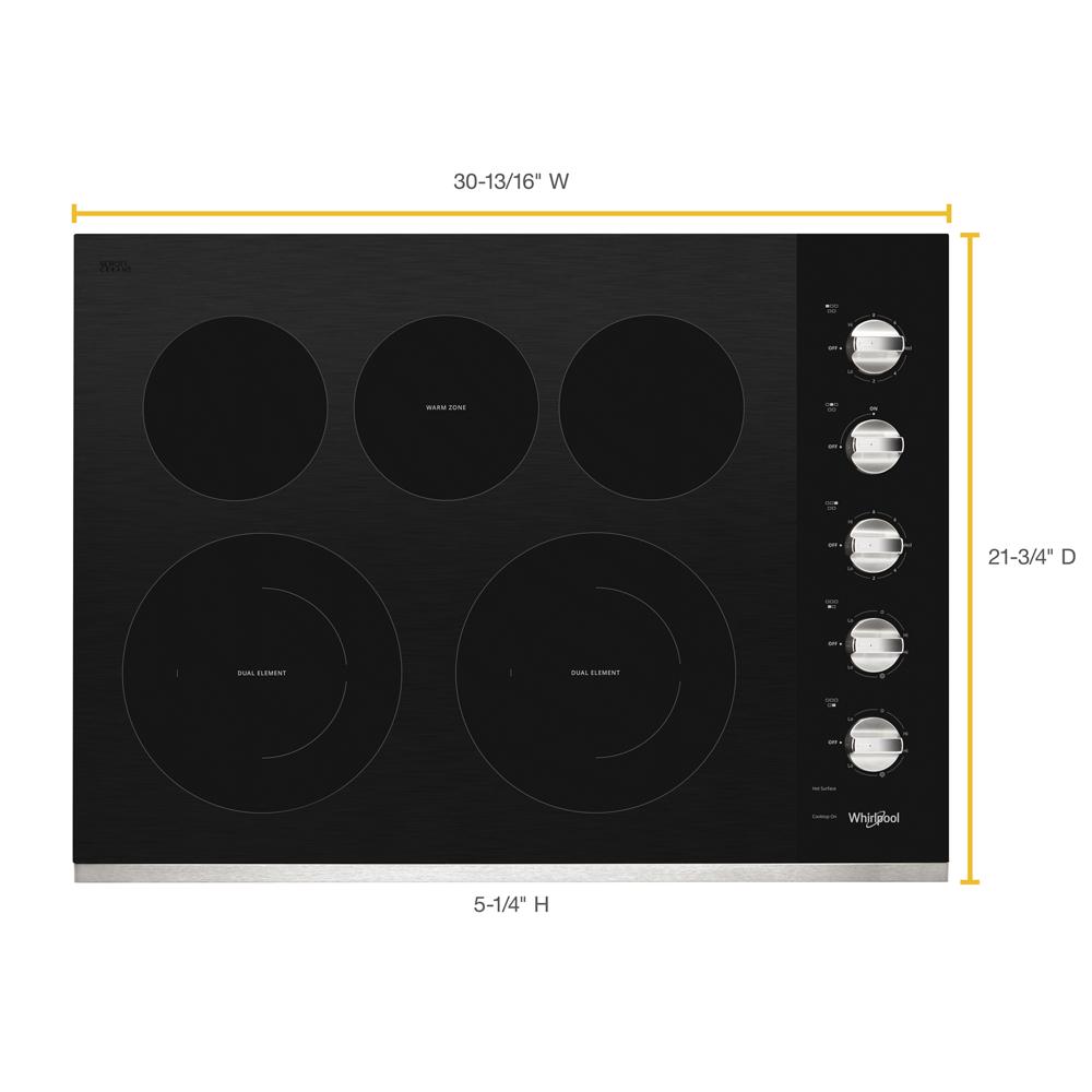 30-inch black ceramic glass cooktop with five burners and metallic control knobs from electric cooktops collection