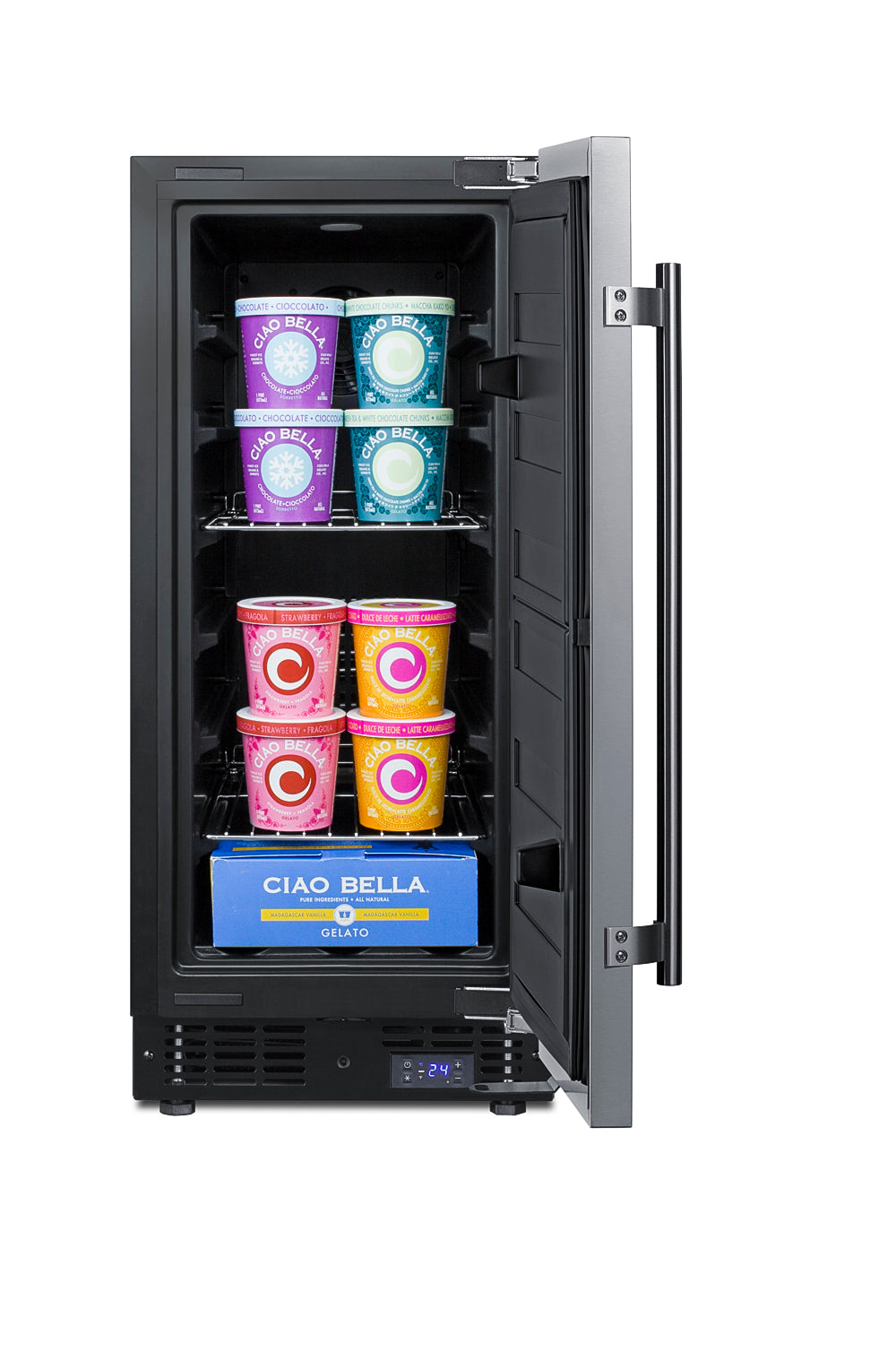 15" built-in black all-freezer open showing shelves stocked with colorful gelato containers from Freezers collection