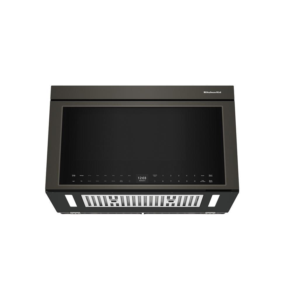 Front view of a black multifunction over-the-range microwave with digital controls and ventilation from KitchenAid collection