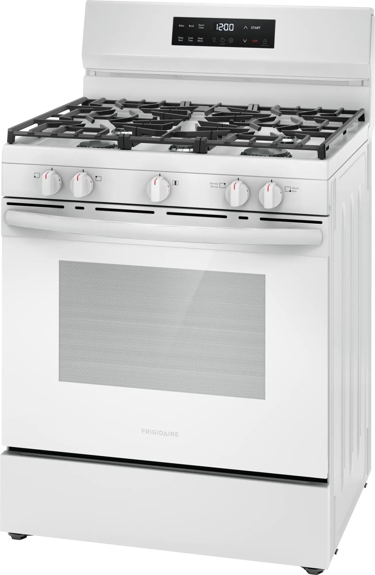 White 30-inch gas range with five burners, digital control panel, and large oven window from kitchen appliances collection