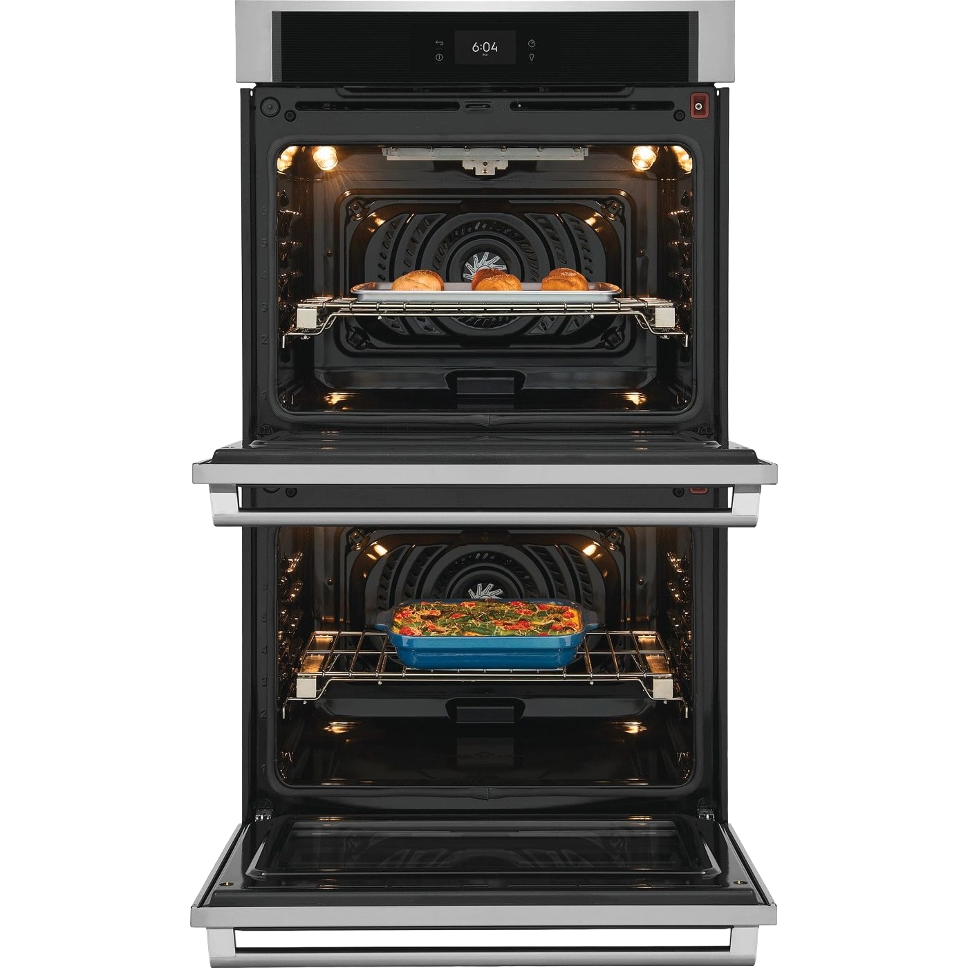 30-inch stainless steel double wall oven from kitchen appliances collection with baked goods and casserole inside