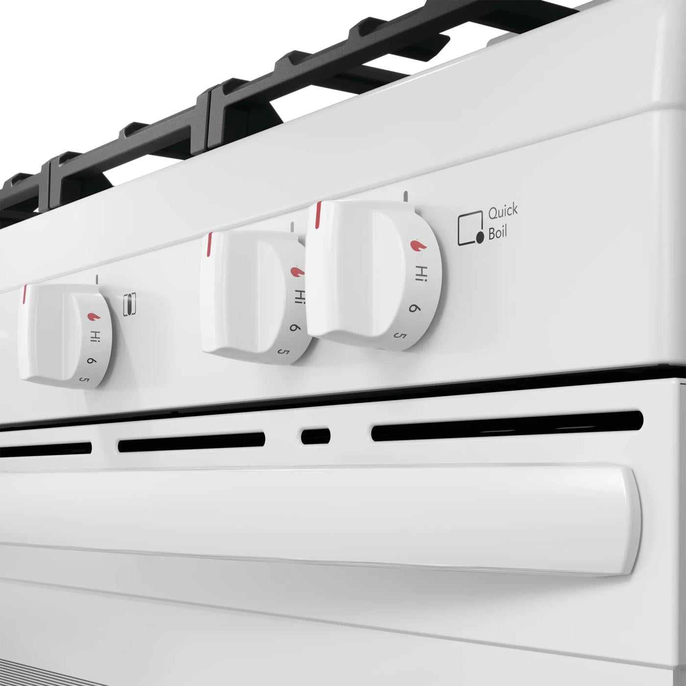 Close-up of white gas range control knobs featuring Quick Boil setting from Ranges & Cooktops collection