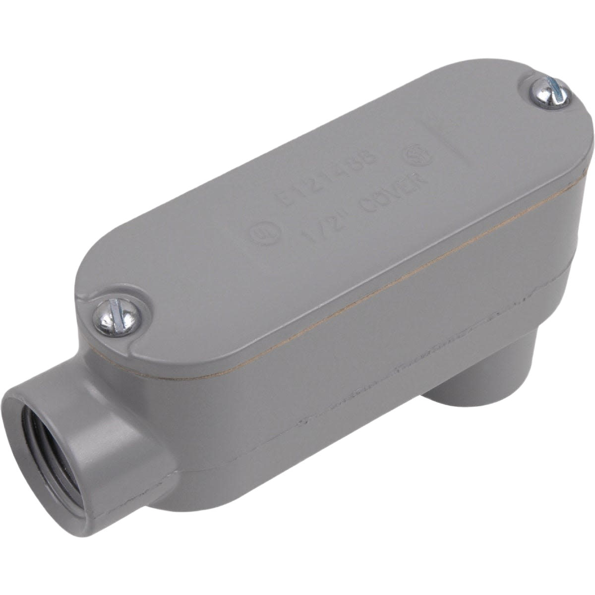 Gray rigid conduit electrical access fitting with screw-secured cover for tools and home improvement use
