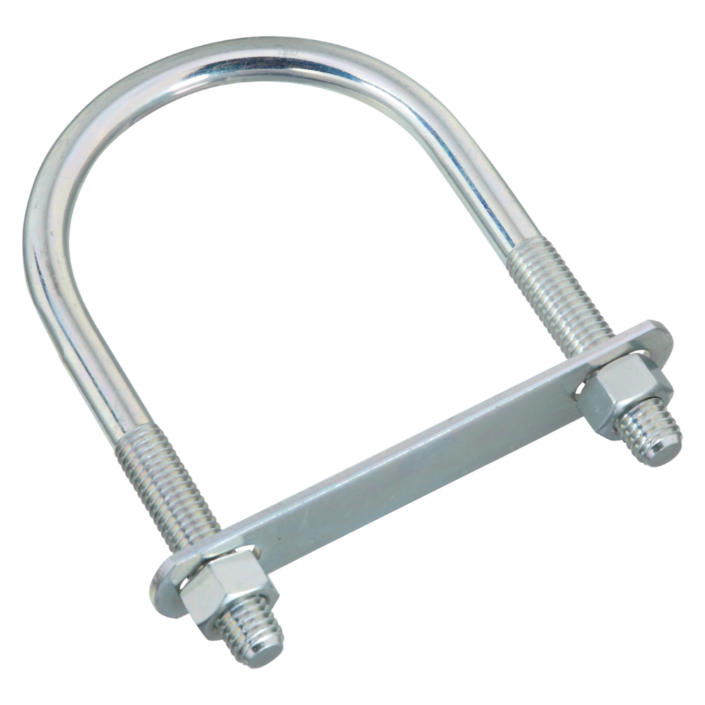 Zinc-coated round U bolt with nuts and flat plate for fastening in hardware and home improvement projects
