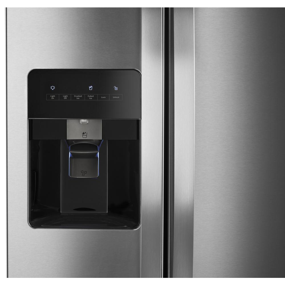 Side-by-side refrigerator water and ice dispenser with digital touch controls in kitchen appliances and refrigerators collection