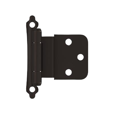 Oil-rubbed bronze inset self-closing cabinet hinge designed for face mount installation in home improvement projects
