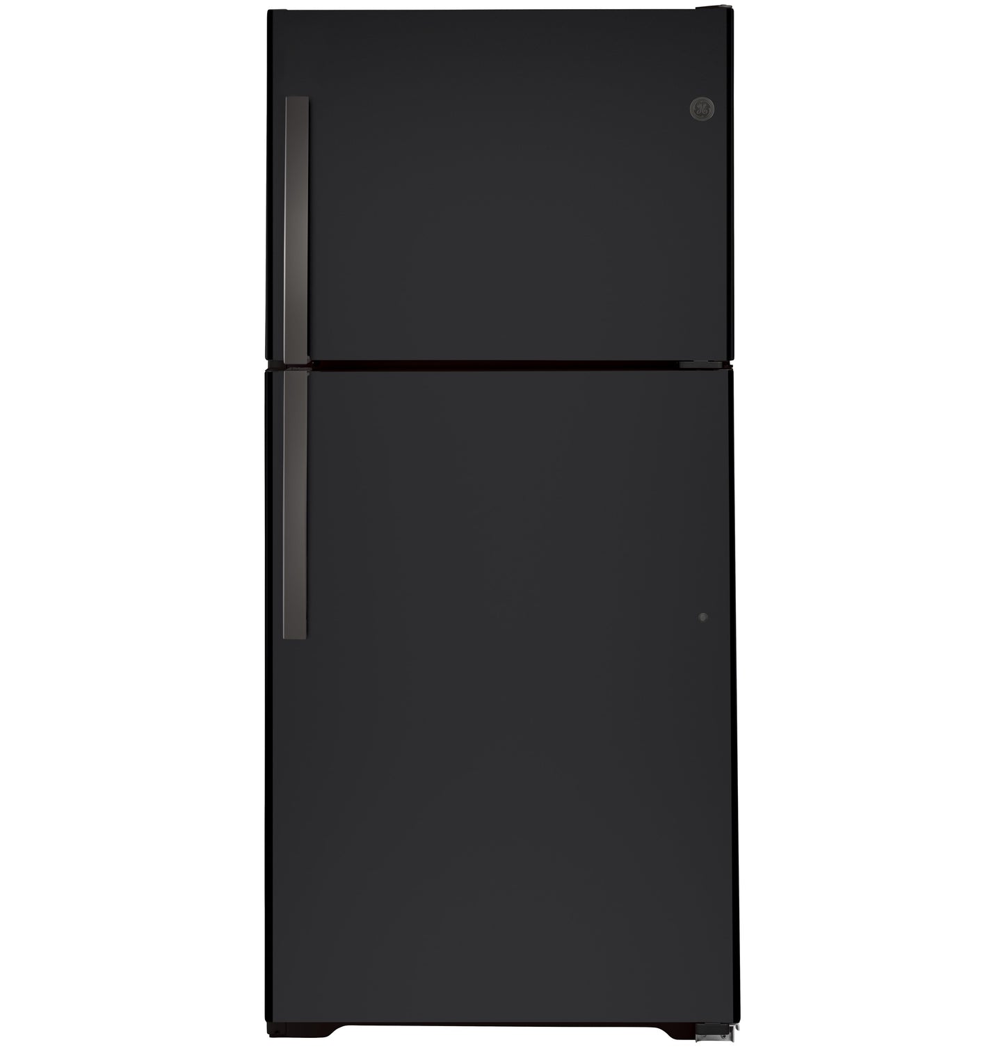 Black top-freezer refrigerator with vertical handles, designed for garages and kitchen appliance collections.