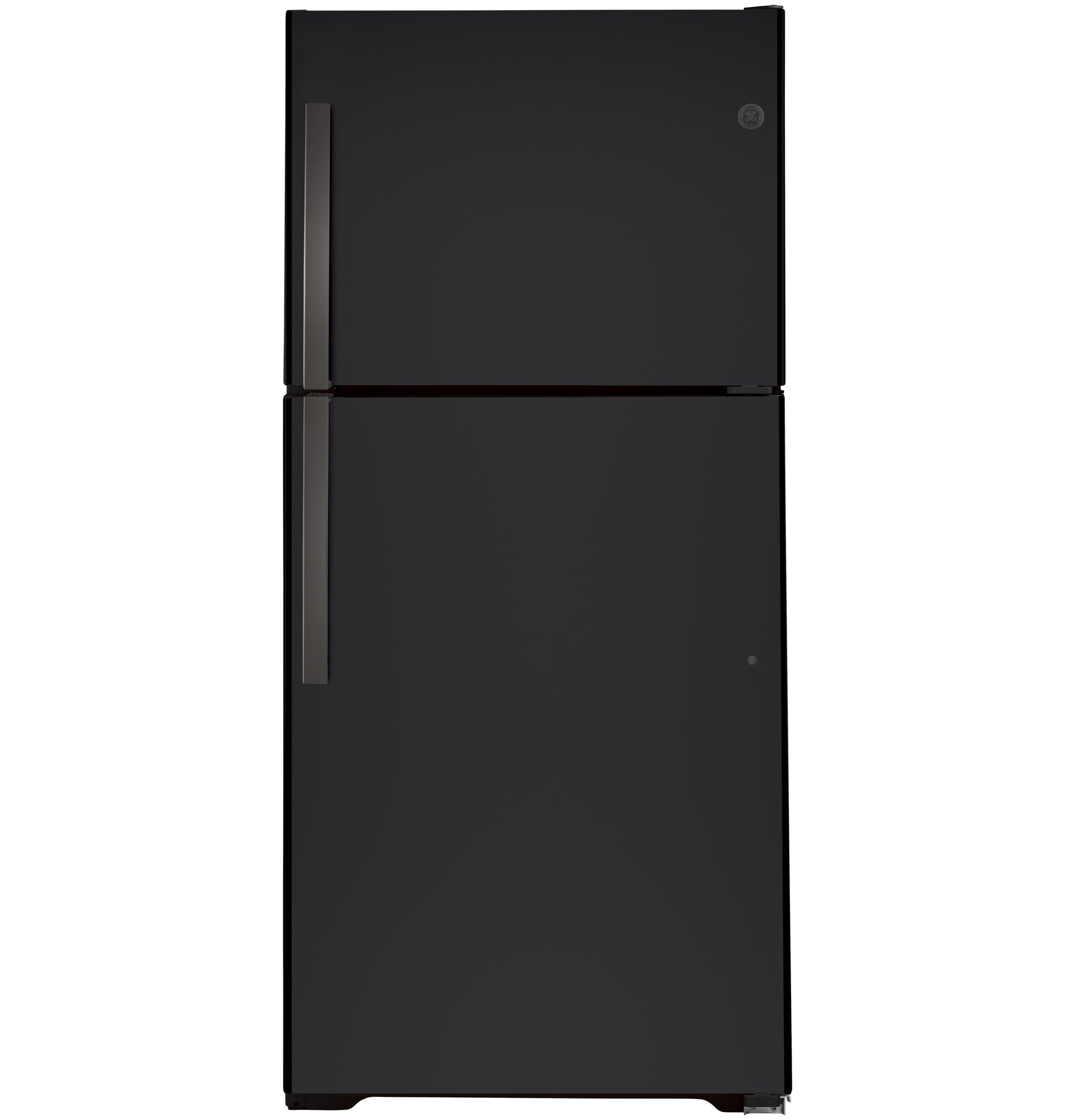 Black top-freezer refrigerator with vertical handles, designed for garages and kitchen appliance collections.