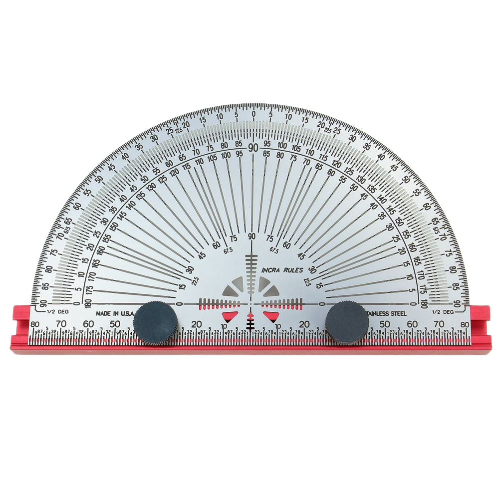 Clear plastic 160mm metric protractor with red base, black adjustment knobs, and precise angle measurements for tools use