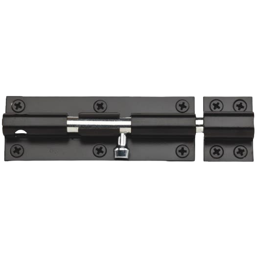 Black heavy-duty 6-inch barrel bolt with mounting screws for hardware and fasteners under $50 collection