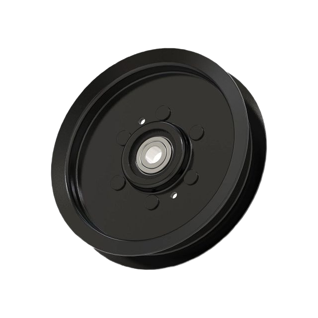 Black metal mower deck idler pulley with central bearing for automotive tools and John Deere parts collections