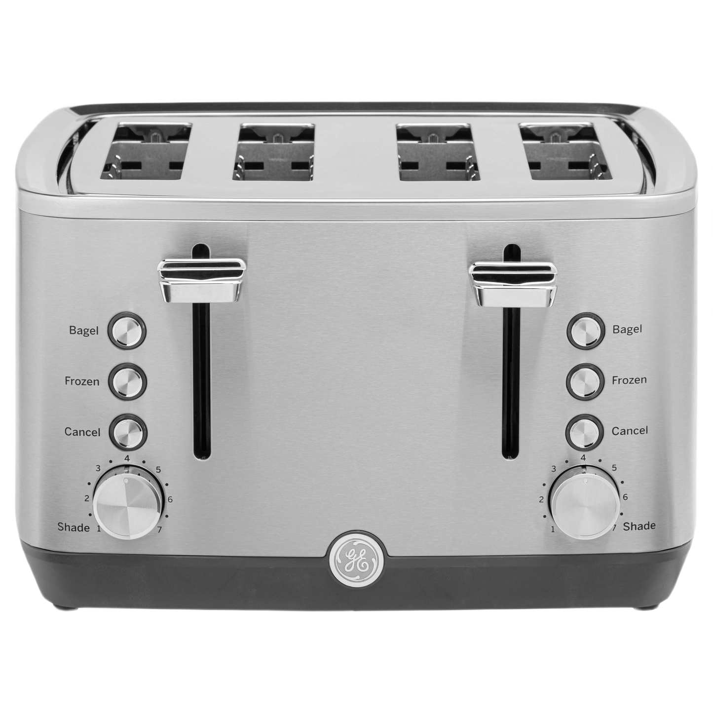 Stainless steel 4-slice toaster with dual controls and multiple settings for bagel, frozen, and cancel functions
