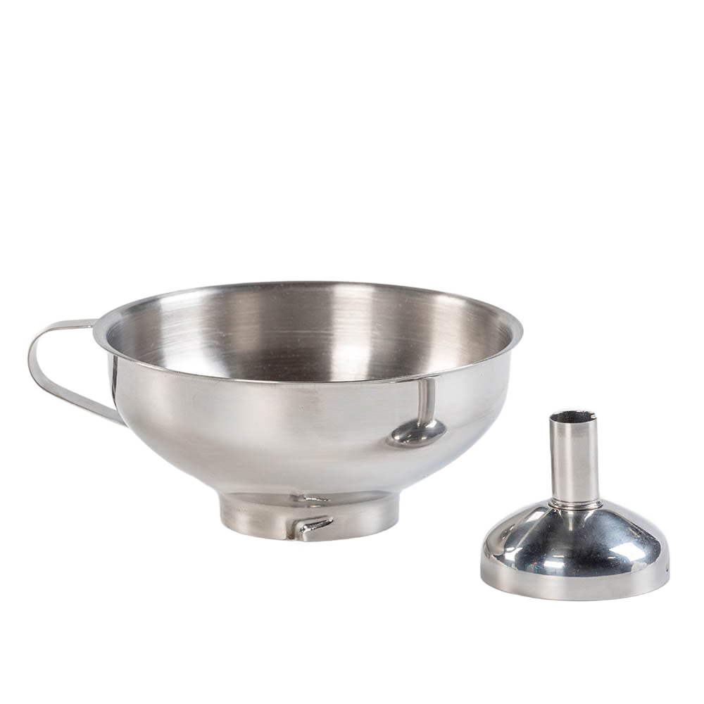 Stainless steel kitchen funnel with a detachable spout for filling jars and bottles, part of kitchenware tools under $50.