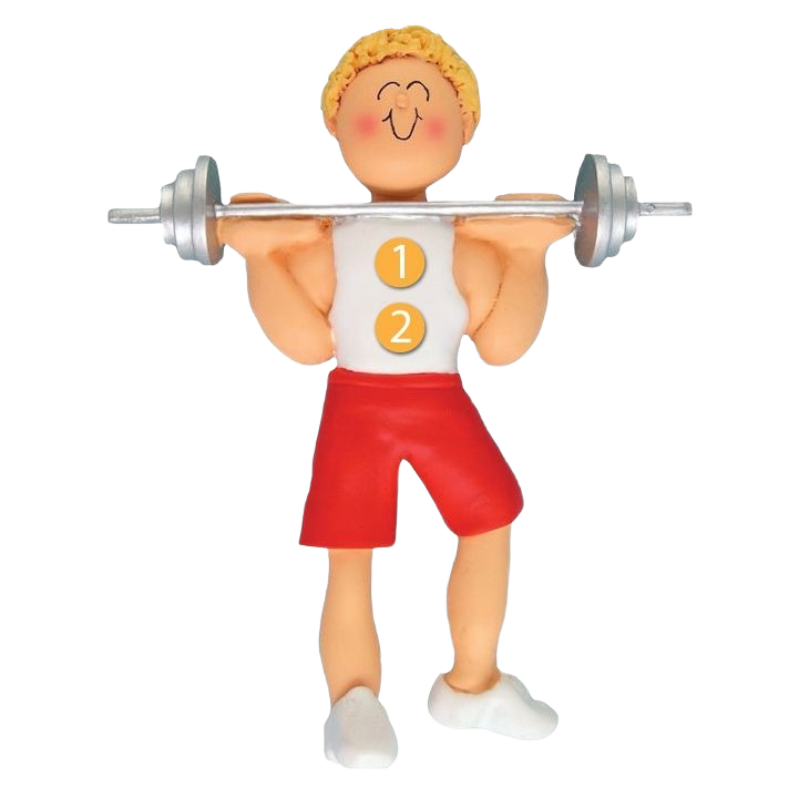 Blonde male weight lifter figurine wearing red shorts and white tank lifting barbell from Christmas Ornaments collection