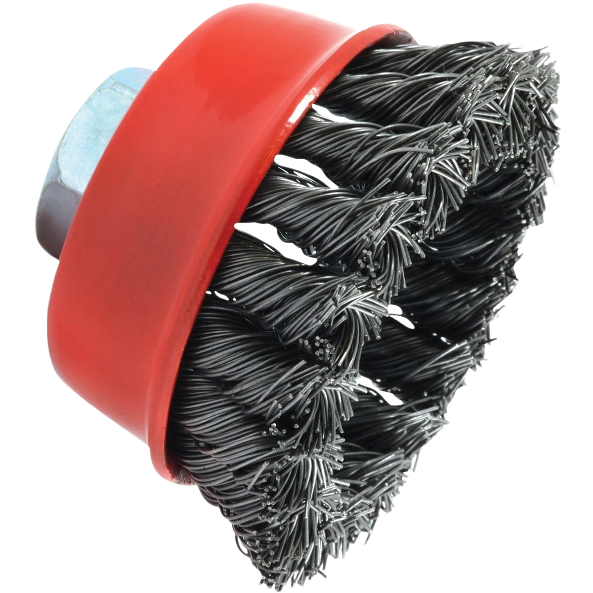 Knotted steel wire brush with red base for angle grinders in power tool and woodworking accessories under $50