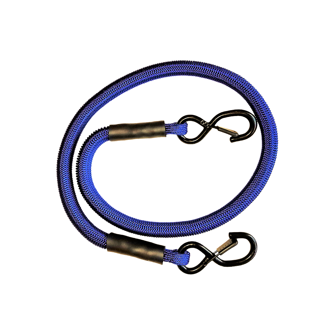 Blue heavy-duty stretch cord with metal hooks on both ends for cargo tie-down and automotive use
