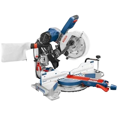 Blue and silver dual-bevel glide miter saw with clear blade guard and adjustable angle guide for home improvement tools collection