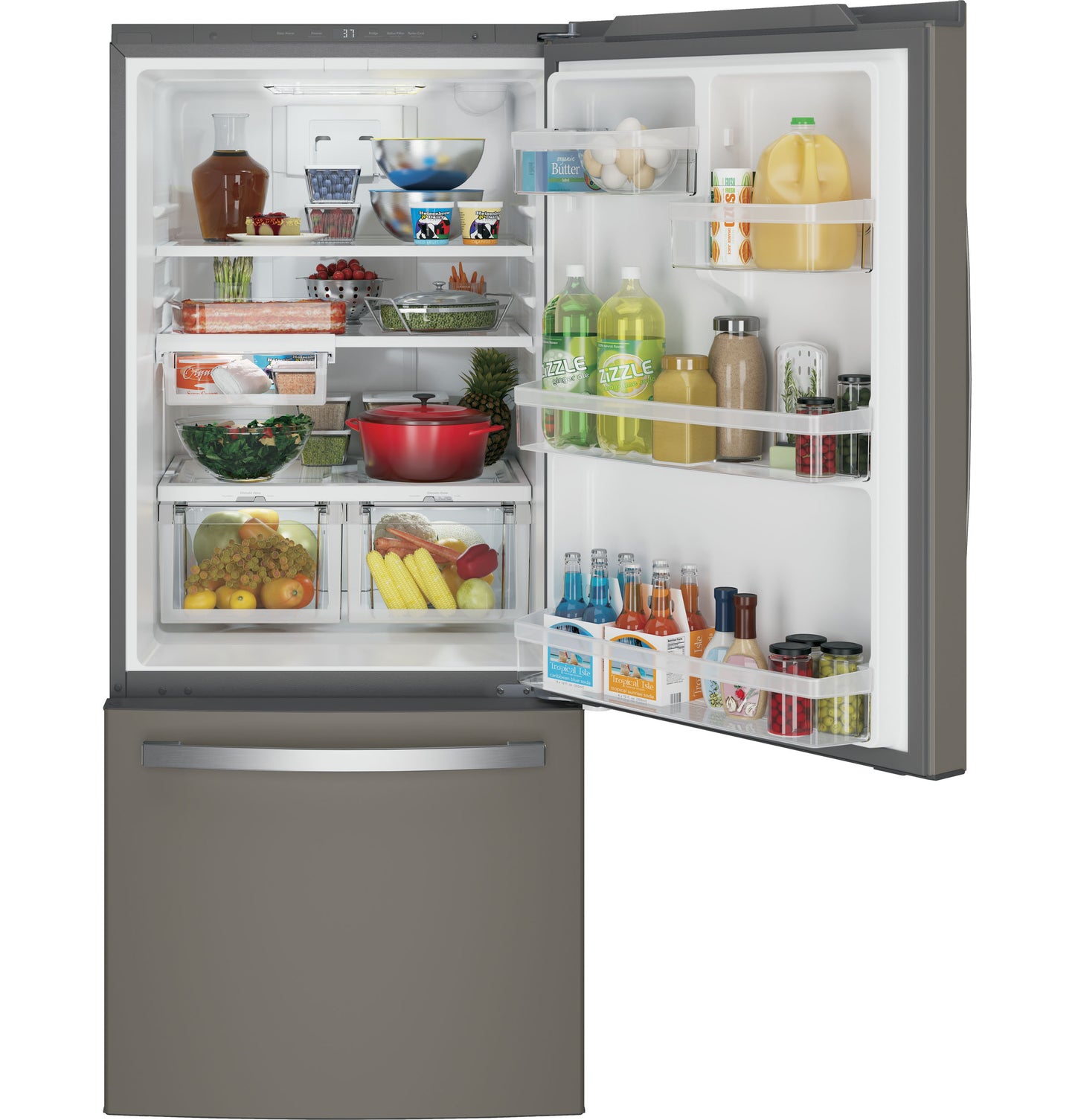 Open bottom-freezer refrigerator with stainless steel finish and organized interior from Refrigerators and Kitchen & Kitchenware collection