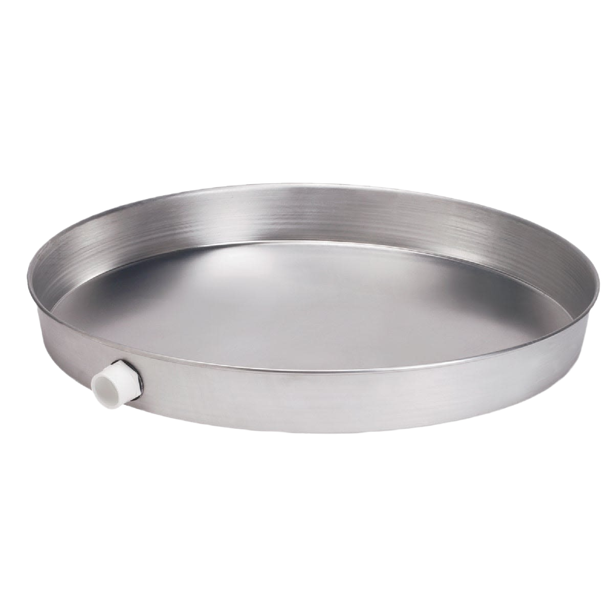 Round aluminum water heater drain pan with integrated 1-inch PVC fitting for leak protection in home improvement projects