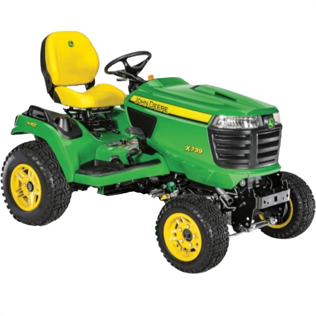 Green and yellow riding lawn tractor with wide tires and comfortable seat for outdoor power equipment and lawn care