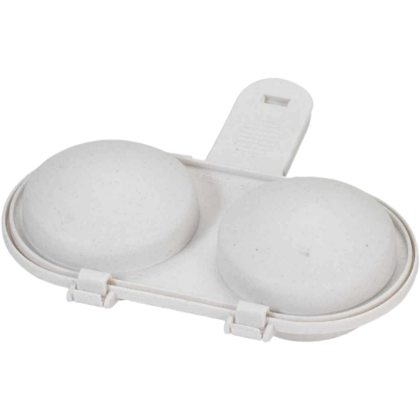 White plastic 2-cup egg poacher with hinged lid and handle for easy cooking in kitchenware and under $50 collections