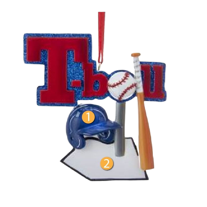 Personalized Christmas ornament featuring a baseball bat, ball, helmet, and T-ball lettering on white base.