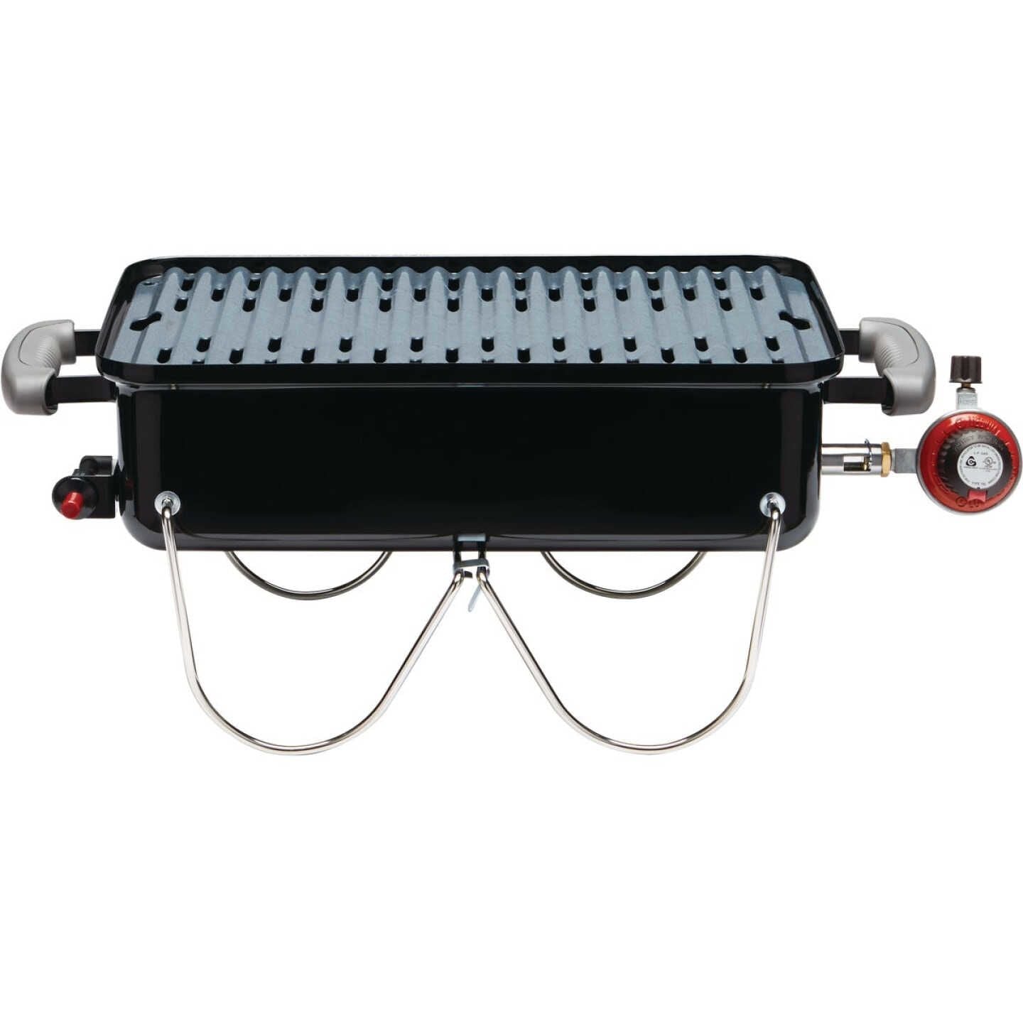 Compact black portable gas grill with single burner, folding legs, and propane regulator for outdoor grilling and portable use