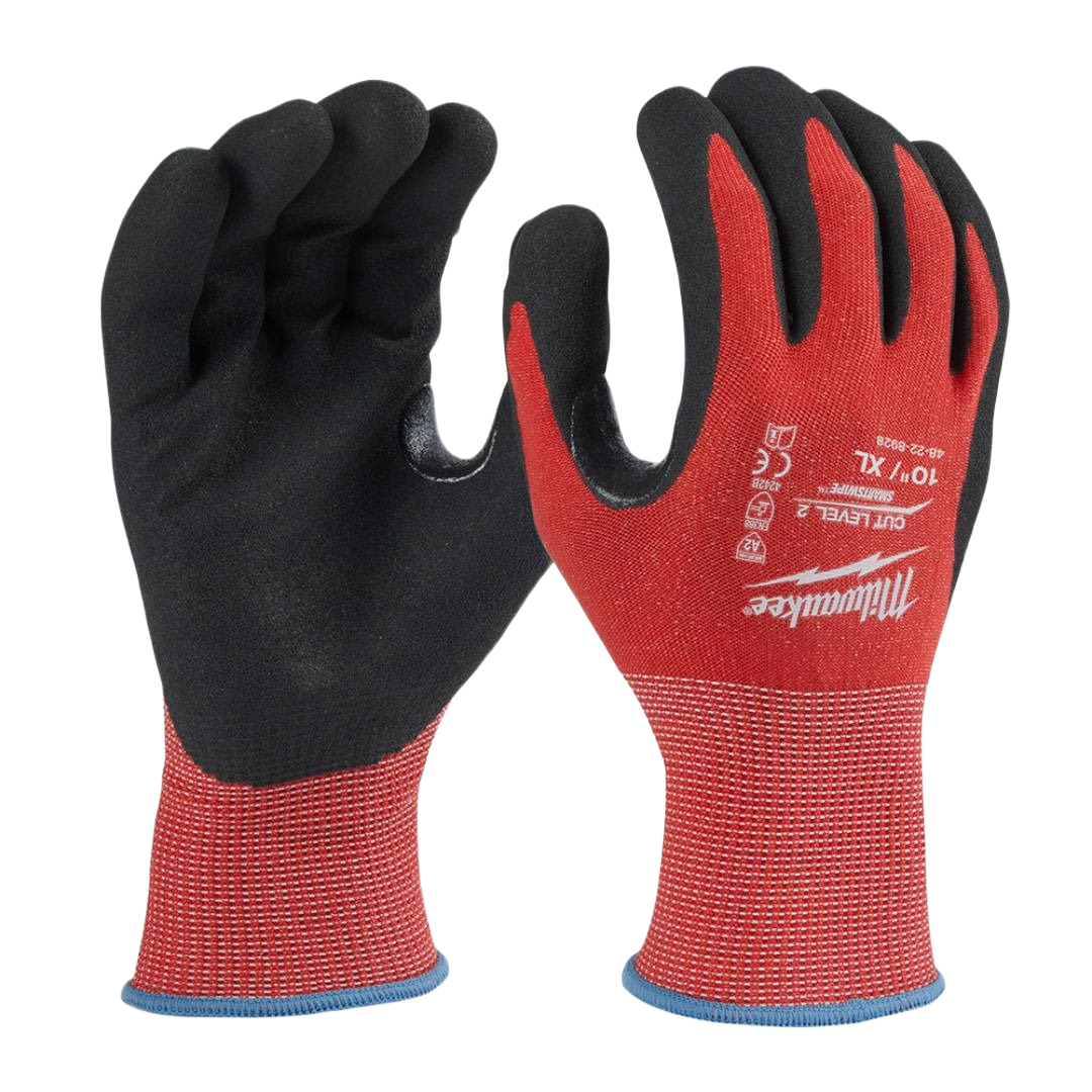 Pair of large red and black cut level 2 nitrile dipped gloves with touchscreen-compatible fingertips in safety gear collection