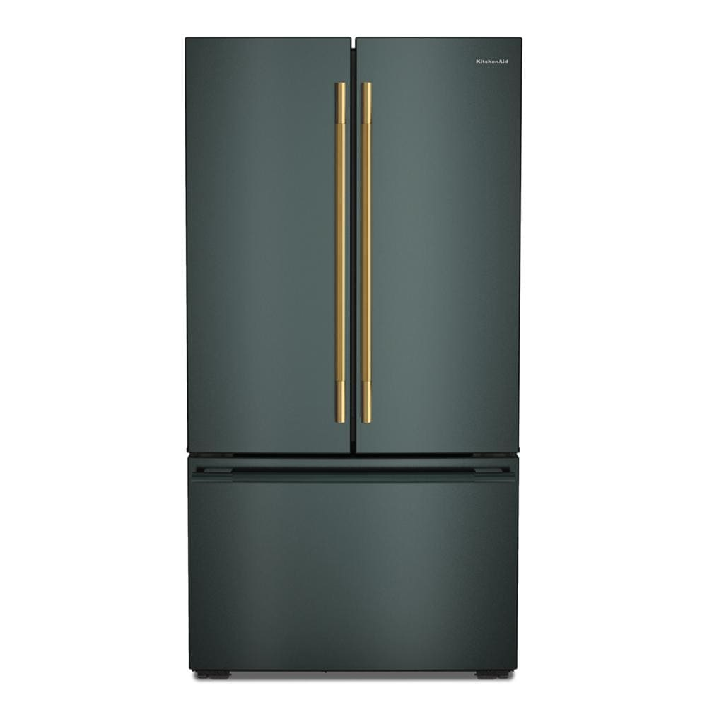 Dark green counter-depth French door refrigerator with bronze handles and bottom freezer from KitchenAid appliances collection