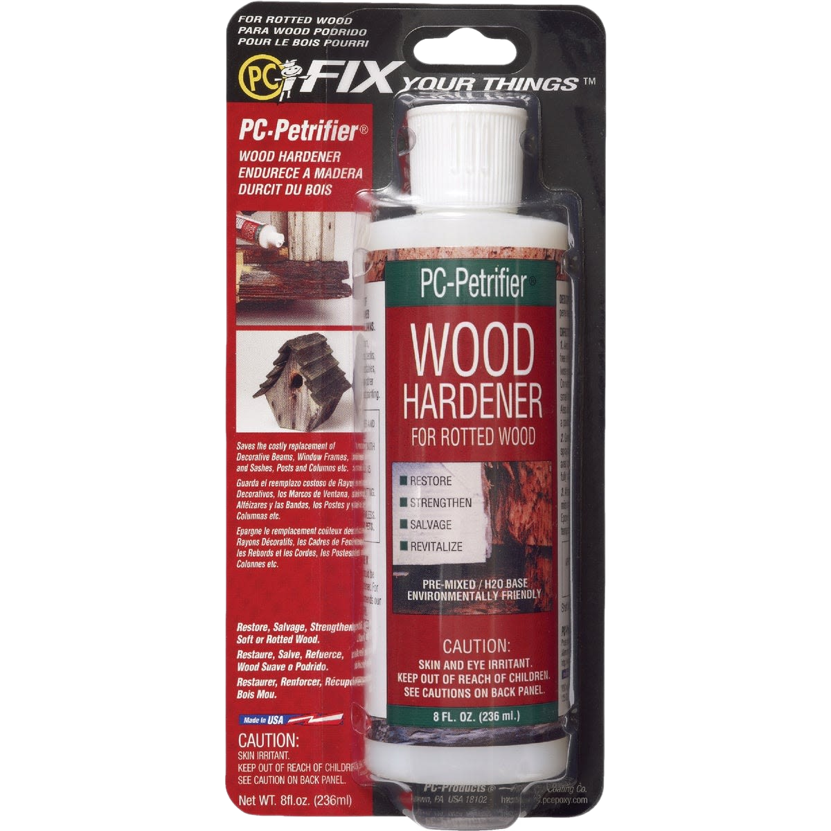 Bottle of wood hardener for restoring and strengthening rotted wood in home improvement projects