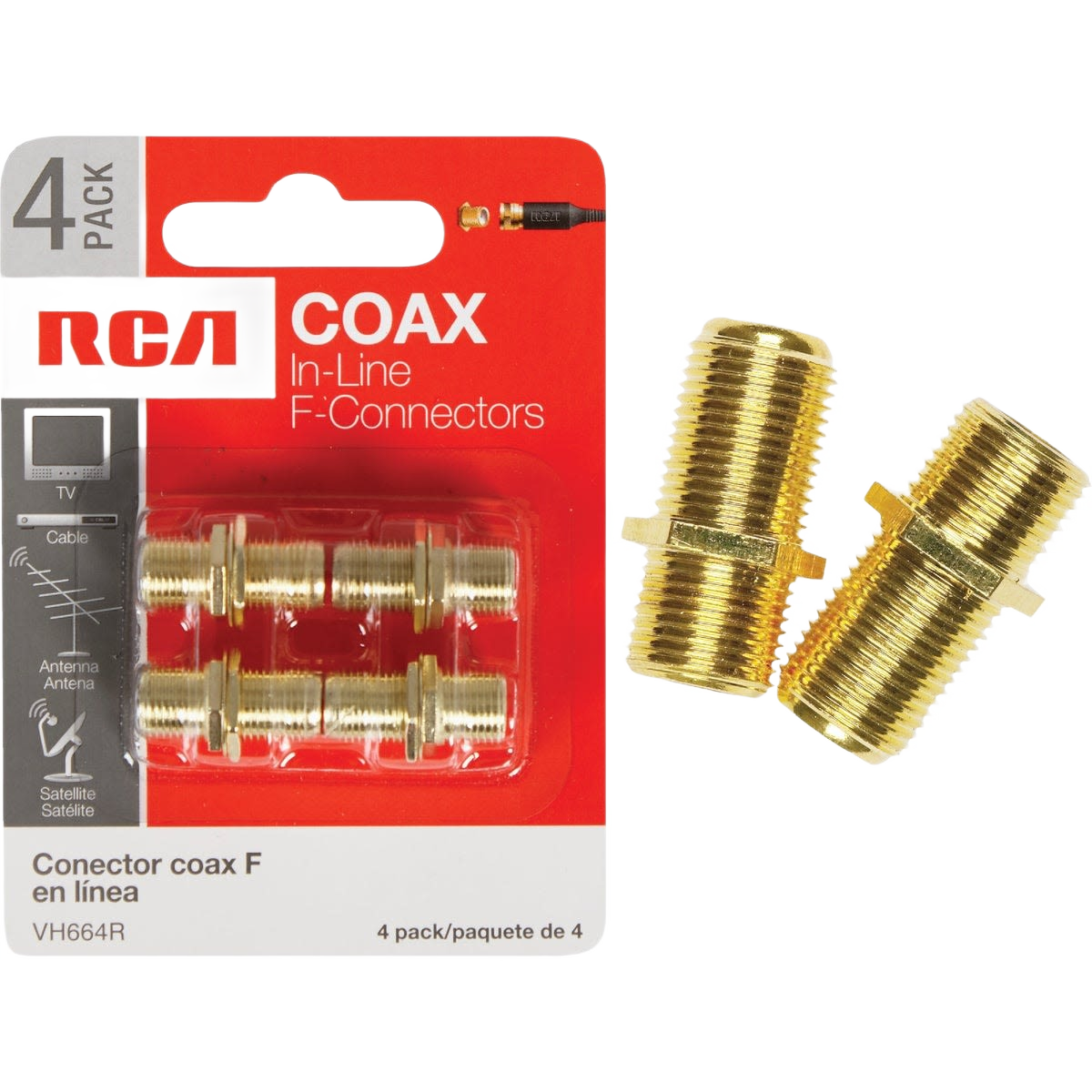 Set of four gold-toned coax F-connectors for cable extension in Electrical and Home Improvement collections under $50