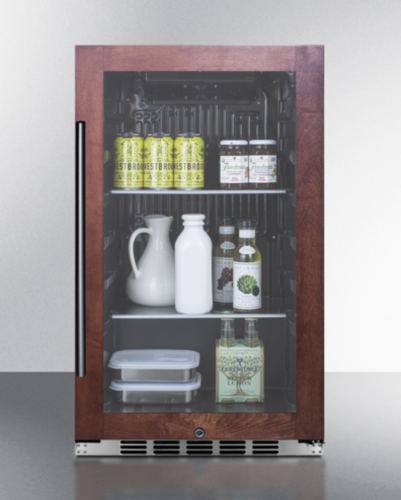 Commercial beverage cooler with wood frame, stainless steel base, and adjustable shelves for kitchen and appliance collections