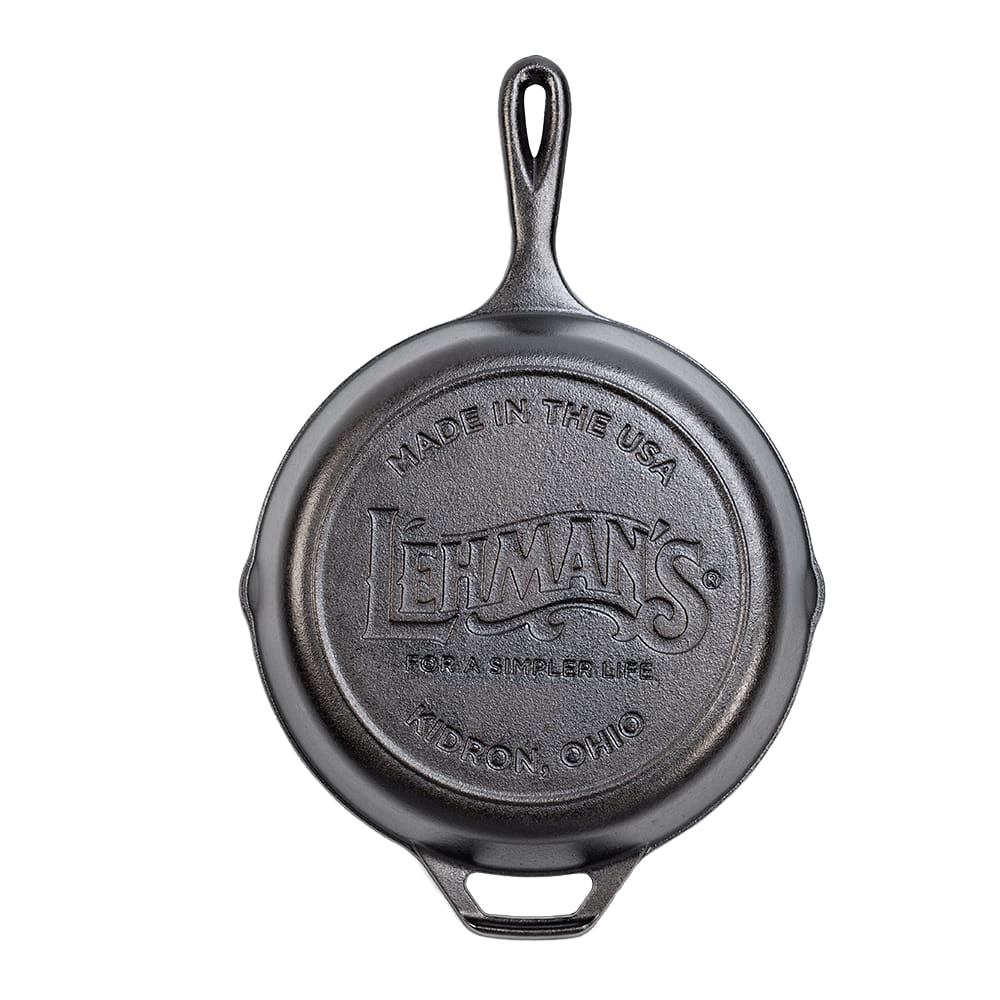 Cast iron skillet with embossed brand and origin text, featuring a long handle and helper grip from Kitchenware collection