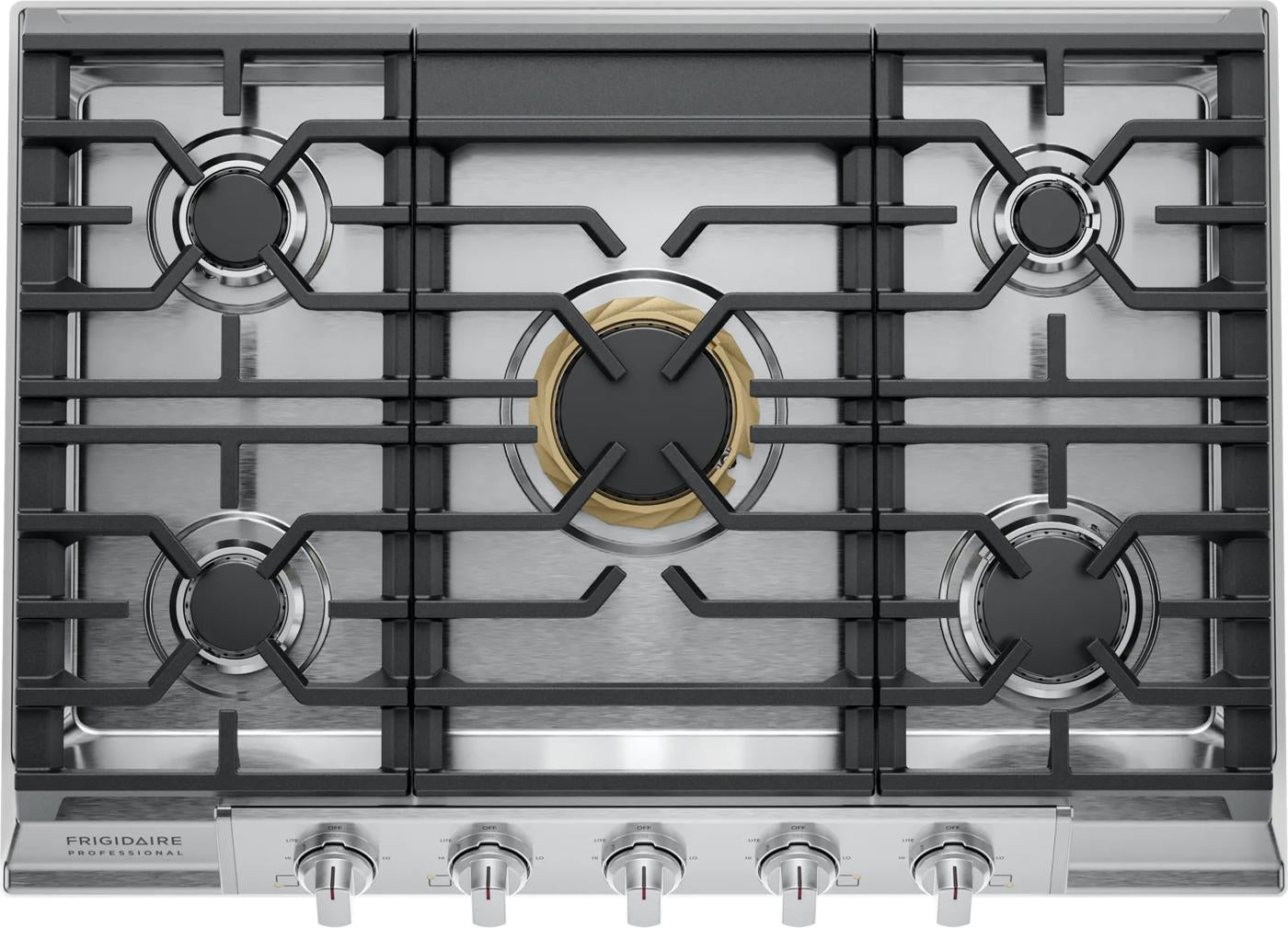 30-inch stainless steel gas cooktop with five burners, including EvenTemp burner and backlit LED knobs, part of Cooktops and Kitchen & Kitchenware collections.