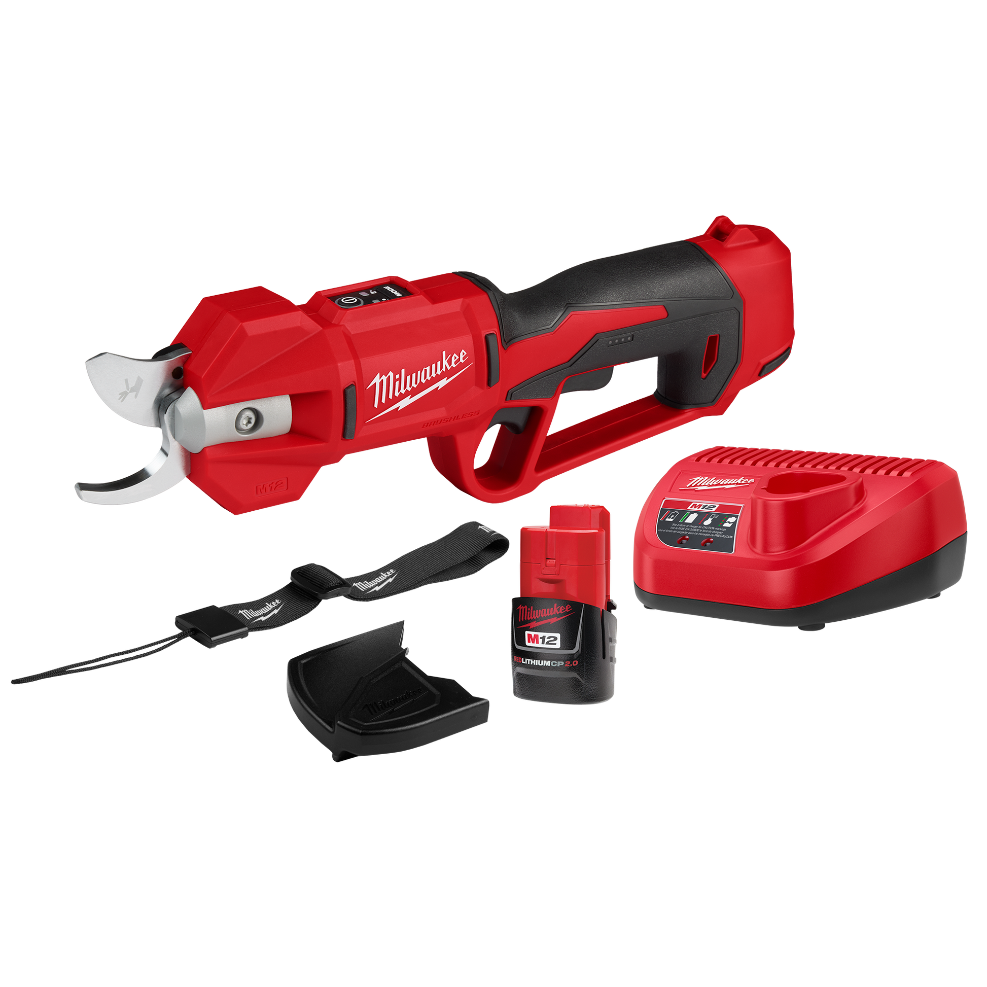 Cordless red and black pruning shears kit with brushless motor, rechargeable battery, charger, and strap for home improvement tasks