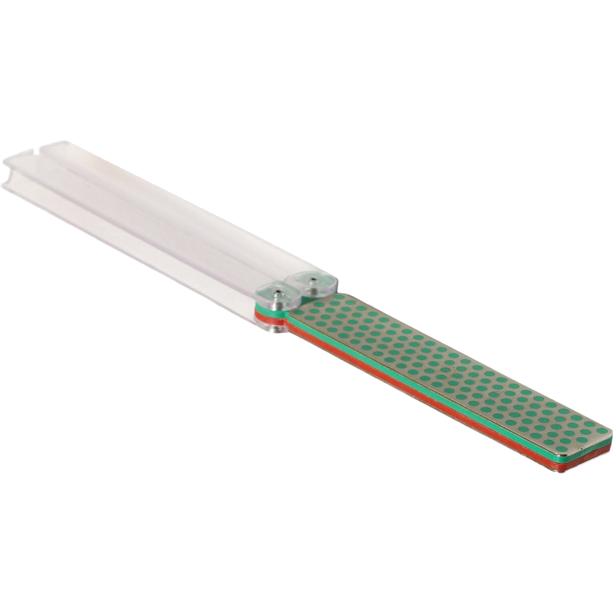 Green fine double-sided diamond sharpener with clear protective case for woodworking tool maintenance