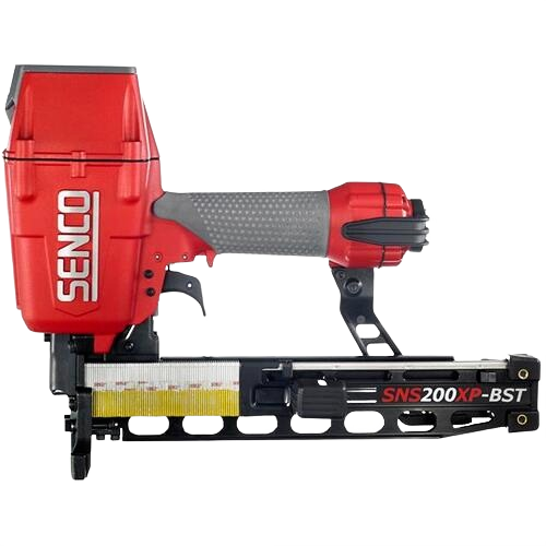 Red and gray heavy wire stapler with black magazine and ergonomic grip, designed for fastening and woodworking tasks in power tool rental equipment at Hartville Hardware.