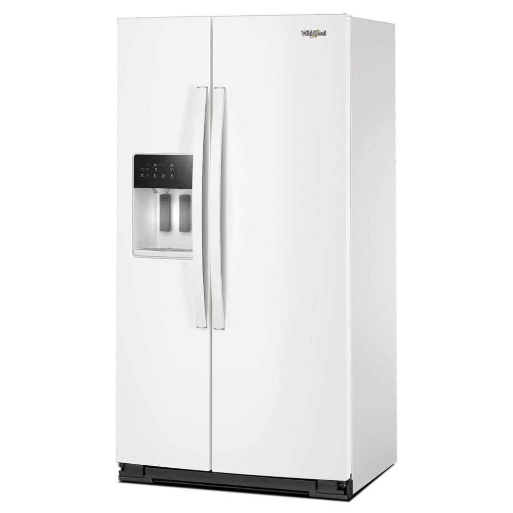 White side-by-side refrigerator featuring external water dispenser and digital control panel in kitchen appliances collection
