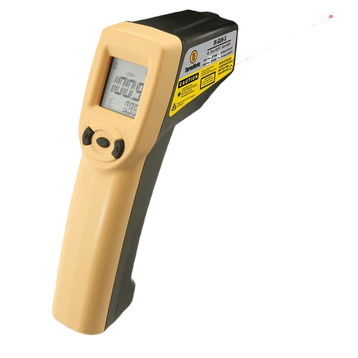 Compact yellow infrared temperature gun with digital display and laser pointer for home improvement and grilling tools use