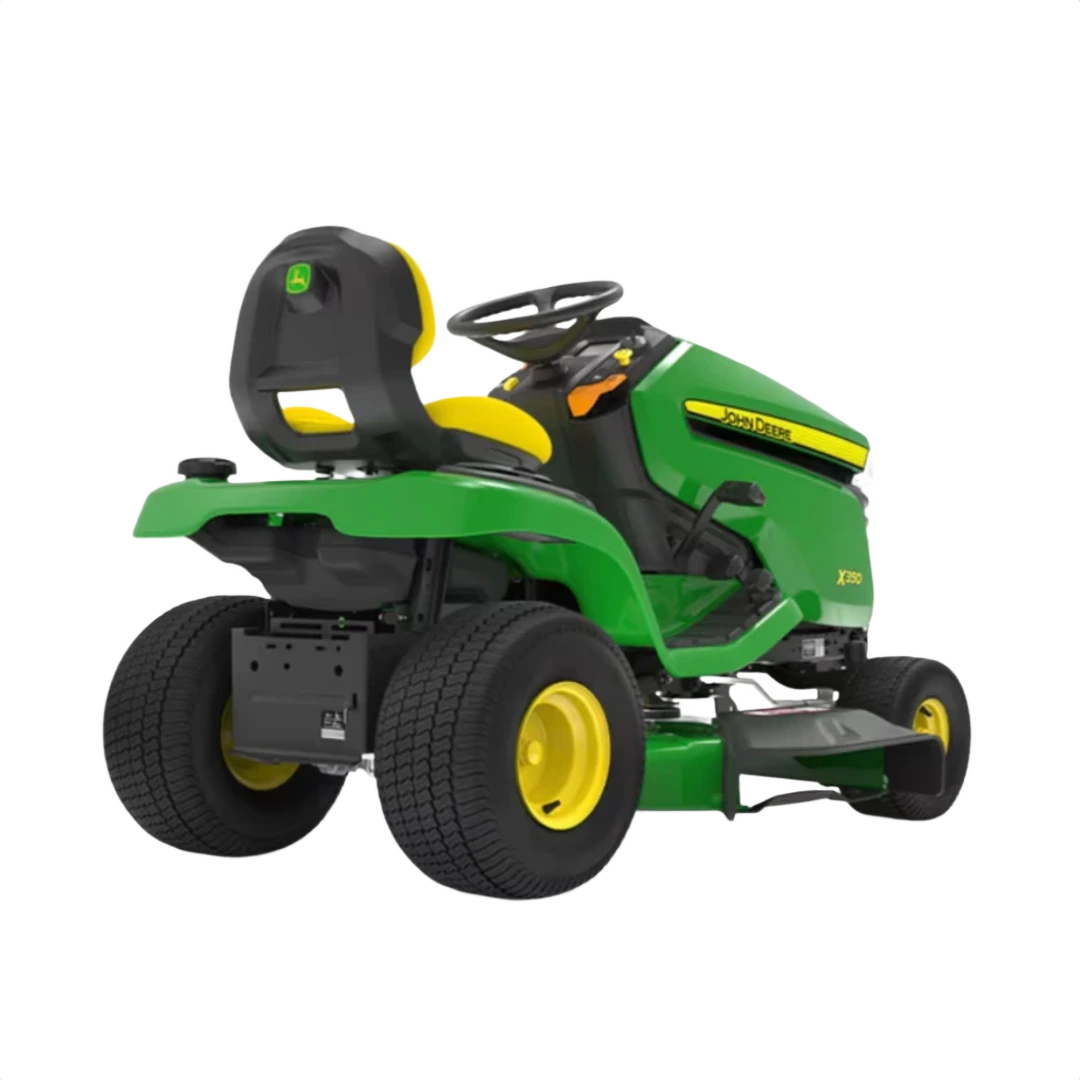 Rear angle view of green and yellow John Deere riding mower with Accel Deep Deck for outdoor power equipment and lawn care tools