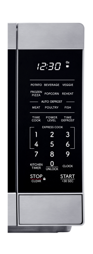 Sleek stainless steel microwave control panel with digital clock, preset cooking options, express cook buttons, and touch controls for countertop microwaves in kitchen appliances and home improvement collections.