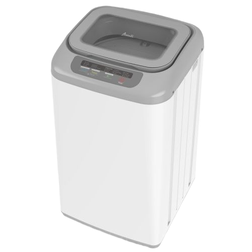 Compact white top-load portable washer with gray lid and control panel for small-space laundry solutions
